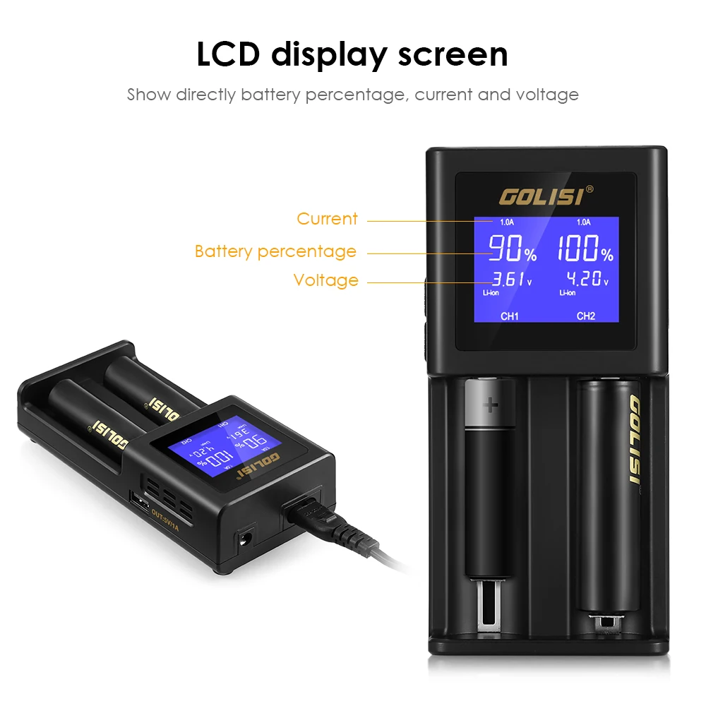 Golisi S2 2.0A умное зарядное устройство Lcd для 18650 20700 26650 Li-Ion Ni-MH Ni-Cd Aa Aaa перезаряжаемое