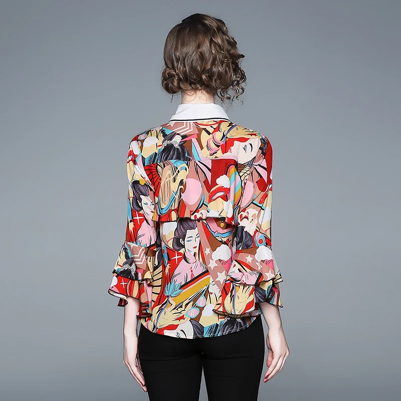 

2018 elegant Women Fashion Ruffled Shirts Ruffled Sleeve Turn-down Collar Ladies Autumn runway desinger Long-sleeved Blouse