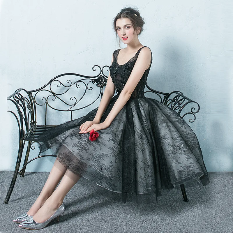 Hot New 2019 Black Lace A Line Sexy Cocktail Dresses Custom made Elegant Knee Legnth Dress Tulle Women | Свадьбы и торжества