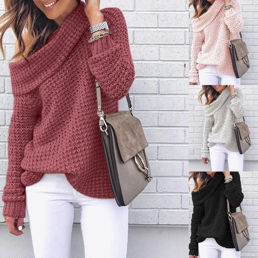 Women Casual Solid Slash Neck Long Winter/Autumn Sleeve Loose Knit Pullover Sweater Regular | Женская одежда