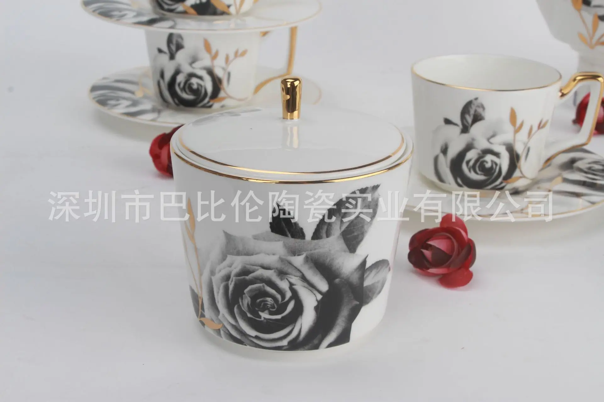 Костяной фарфор Кофе комплект кастрюль керамики Чай горшок Black Rose следов дизайн в