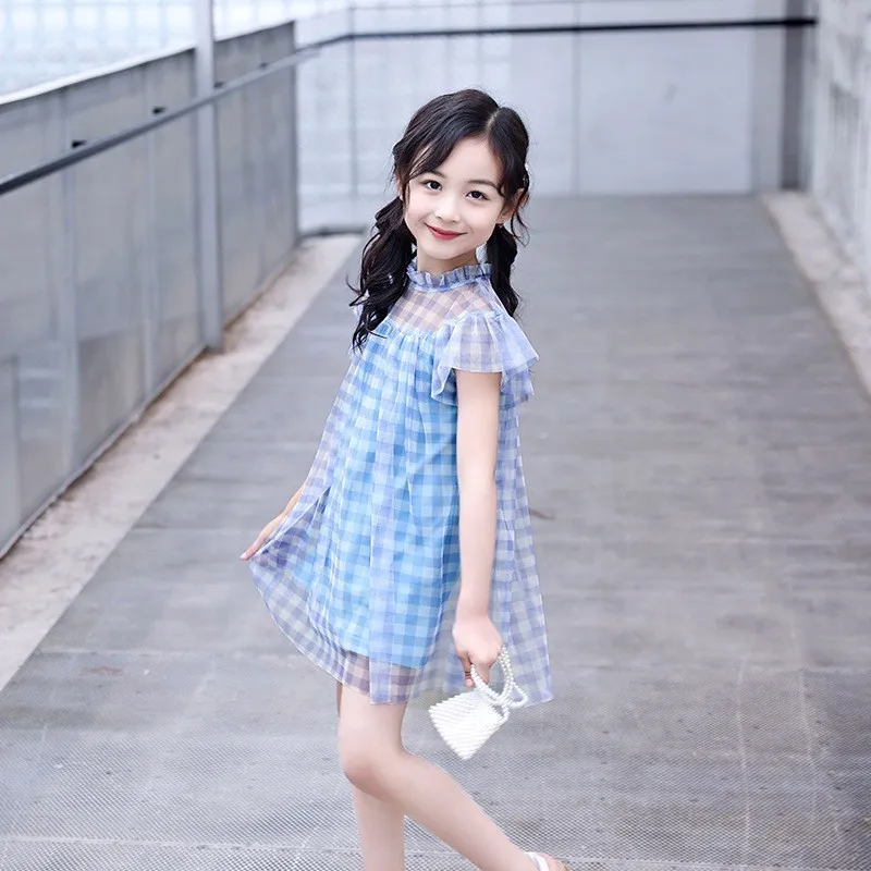 Детское Сетчатое платье для подростков синее клетчатое принцессы с оборками в