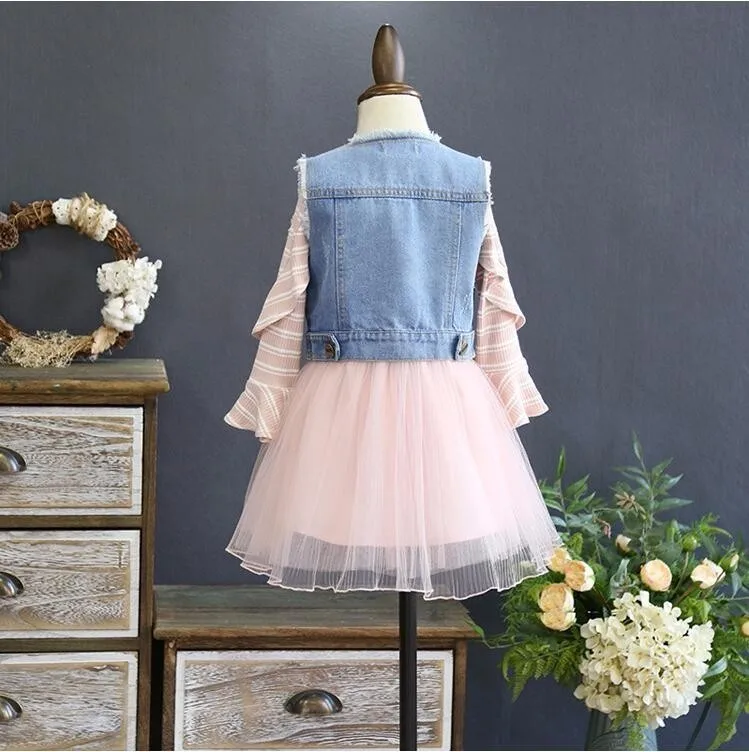 spring girl long sleeve dress pink tulle for kids dresses girl's clothing Denim Vest embroidery flower princess | Детская одежда и