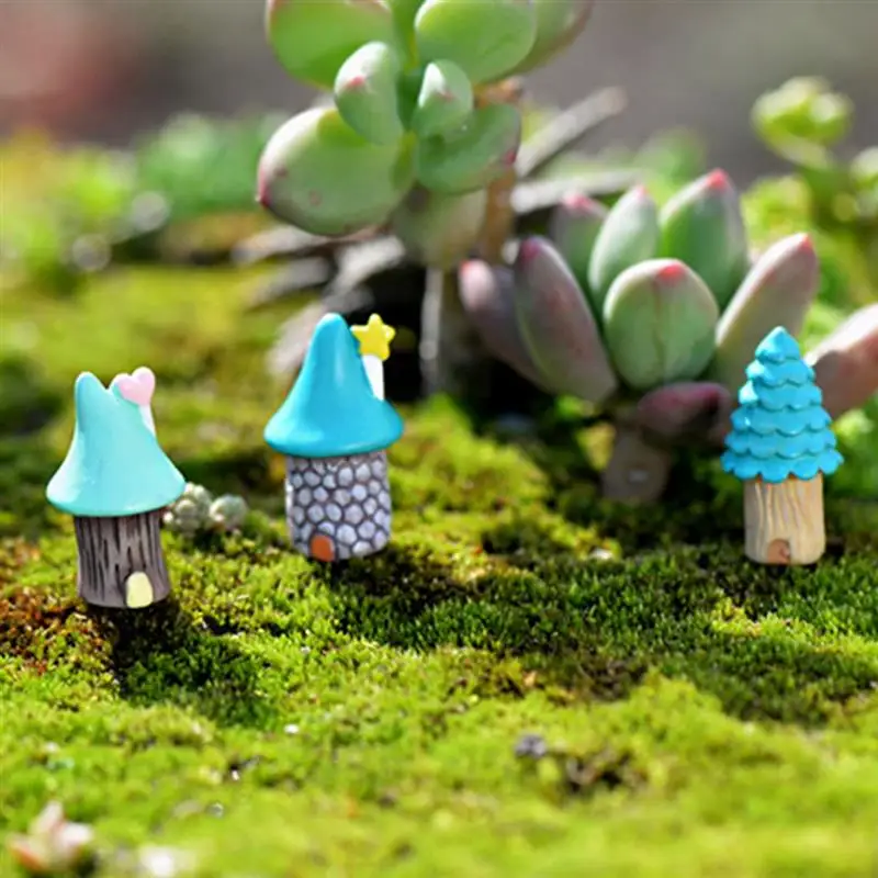 3 шт./компл. Каваи Синий микро дом Смола миниатюрная Статуэтка пейзаж дерево