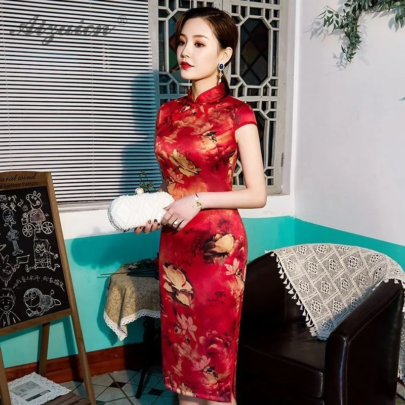 Fashion Red Cheongsam Long Double Layer Mother Dresses Chinoise Vintage Gown Qi Pao Women Chinese Traditional Clothing Dress |