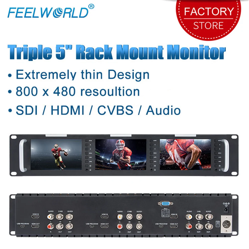 Verkaufen Feelworld T51 Triple 5 Zoll 2RU Broadcast SDI Rack Montieren Monitor Bereich Video LCD Bildschirm 800x400 3G SDI HDMI AV Eingang Und Ausgang