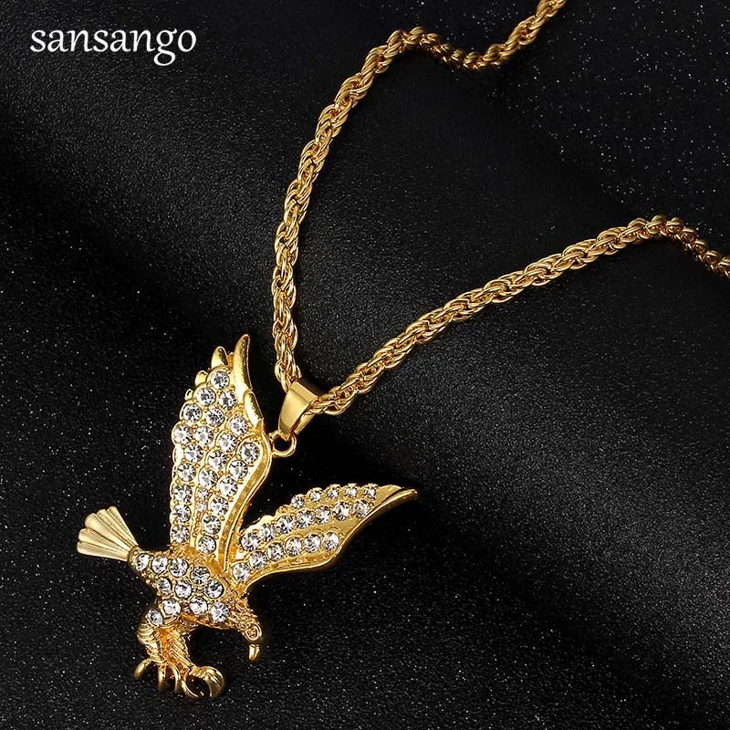 

Gold Color Alloy Crystal Eagle Pendant Necklace For Men Boy Fashion Jewelry Gift Chain Necklace Hot Sale Male Accessories