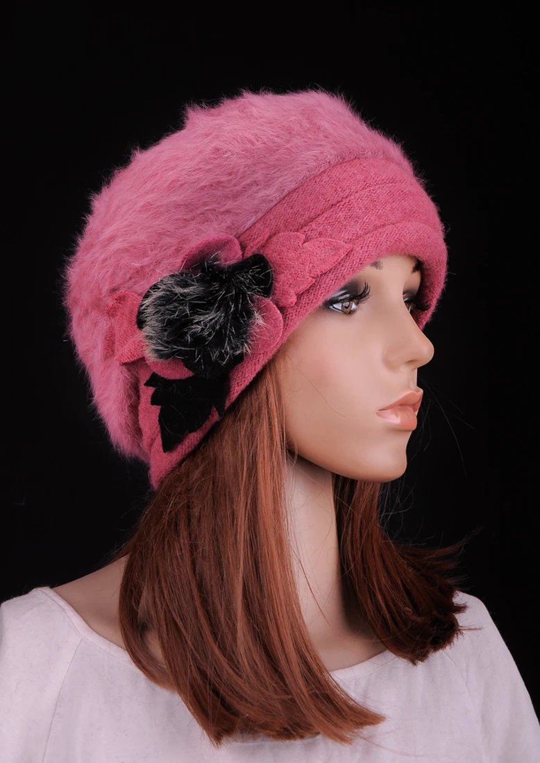 

M636 Fashion Womens Winter Warm Pink Faux Rabbit Fur Wool Flower With PomPom Fur Cute Beret Hat Beanie Cap