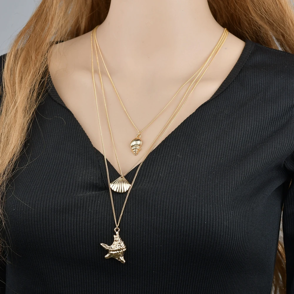 GEREIT 2019 ZA Multi Layered Shell Chokers Necklaces For Women Boho Statement Gold Color Chain Long Necklace Jewelry Accessories | Украшения