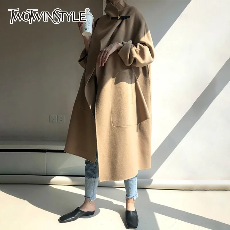 TWOTWINSTYLE плащ шерстяное пальто женский стенд воротник с длинным рукавом сбоку