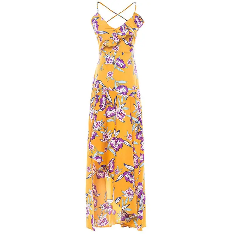 Boho Макси платье женское желтое шикарное модное уличное пляжное с рюшами и