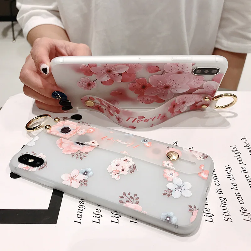 Matte Case For Huawei P30 Pro P20 Lite Wrist Strap Soft TPU Cover P10 Plus 3D Relief Flower Stand Coque |