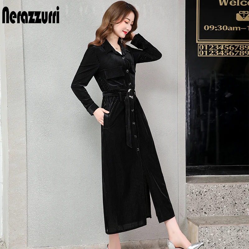 

Nerazzurri Autumn Long Soft Velvet Dress Women Long Sleeve Belt Buttons Striped Shirt Dress 2021 Spring Double Slit Maxi Dress