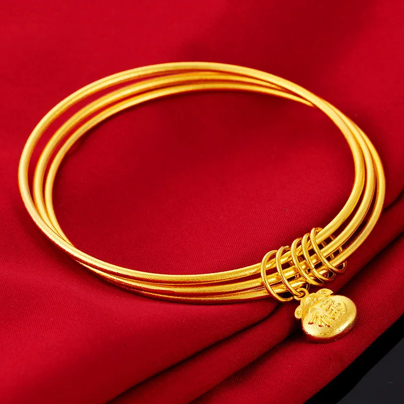

Vietnam Alluvial Gold Bracelets for Bride Three Layer Coil Bangle with Lucky Bag Designs Jewelry