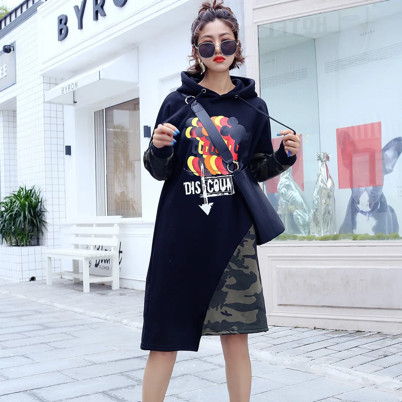 Vefadisa Pattern Print Hooded Sweatshirt Women Black Camouflage Patchwork Sweatshirts Irregular Pullover Long ZLD379 | Женская одежда