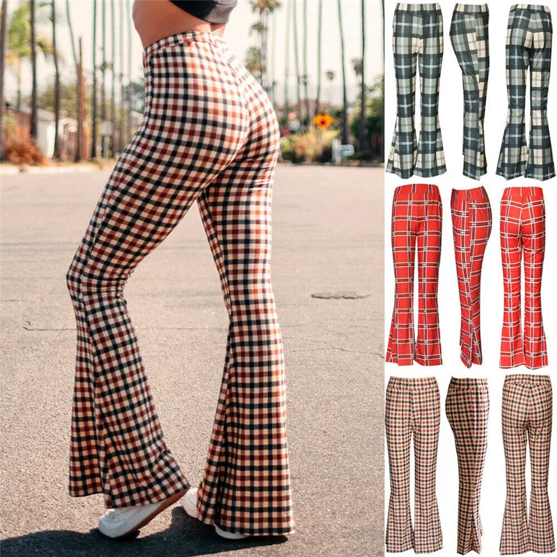 

Women Plaid Flared Bell-Bottom Pants High Waist Slim Stretch Trouser
