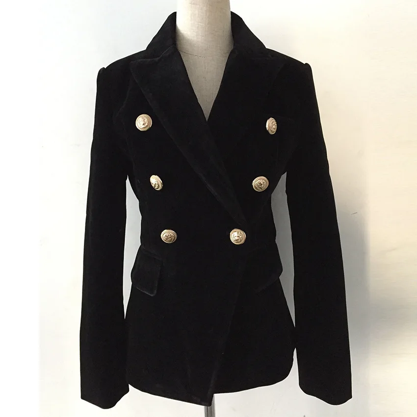 

PEONFLY Velvet Women Blazer OL Formal Work Suit Jacket Slim Long Sleeve Blazer Both Row Gold Lion Button Fashion Harajuku Female