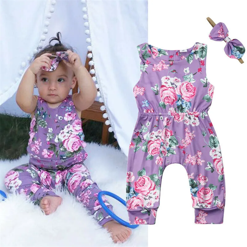 

2019 New Summer Newborn Toddler Baby Girl Floral Sleeveless Romper Jumpsuit Bow Headband Outfit Playsuit Kids Cotton Clothes Set
