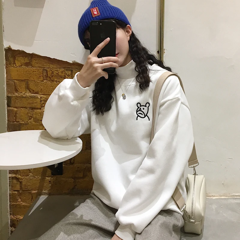 

La MaxZa 2018 Autumn Winter New Style Fashionable Bear Animal Embroidery Long Sleeves And Long Sleeves Pure Color Pullovers 6274