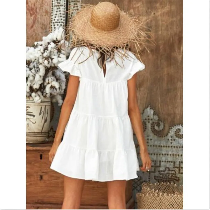 Женское повседневное короткое пляжное платье с короткими рукавами однотонное и