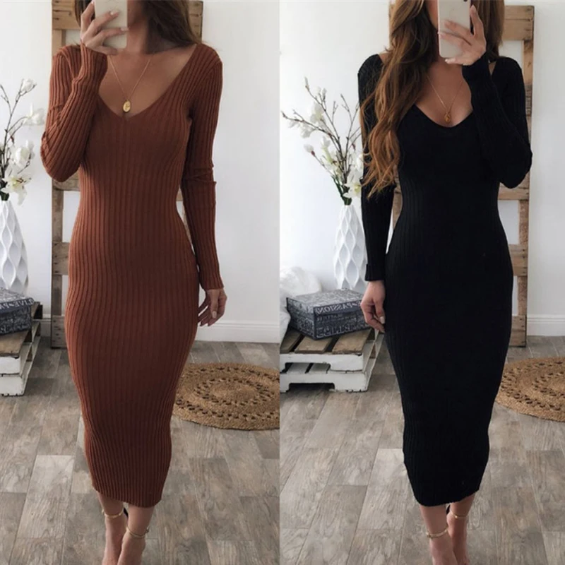 2018 женское платье-свитер вязаное сексуальное элегантное платье макси с длинным