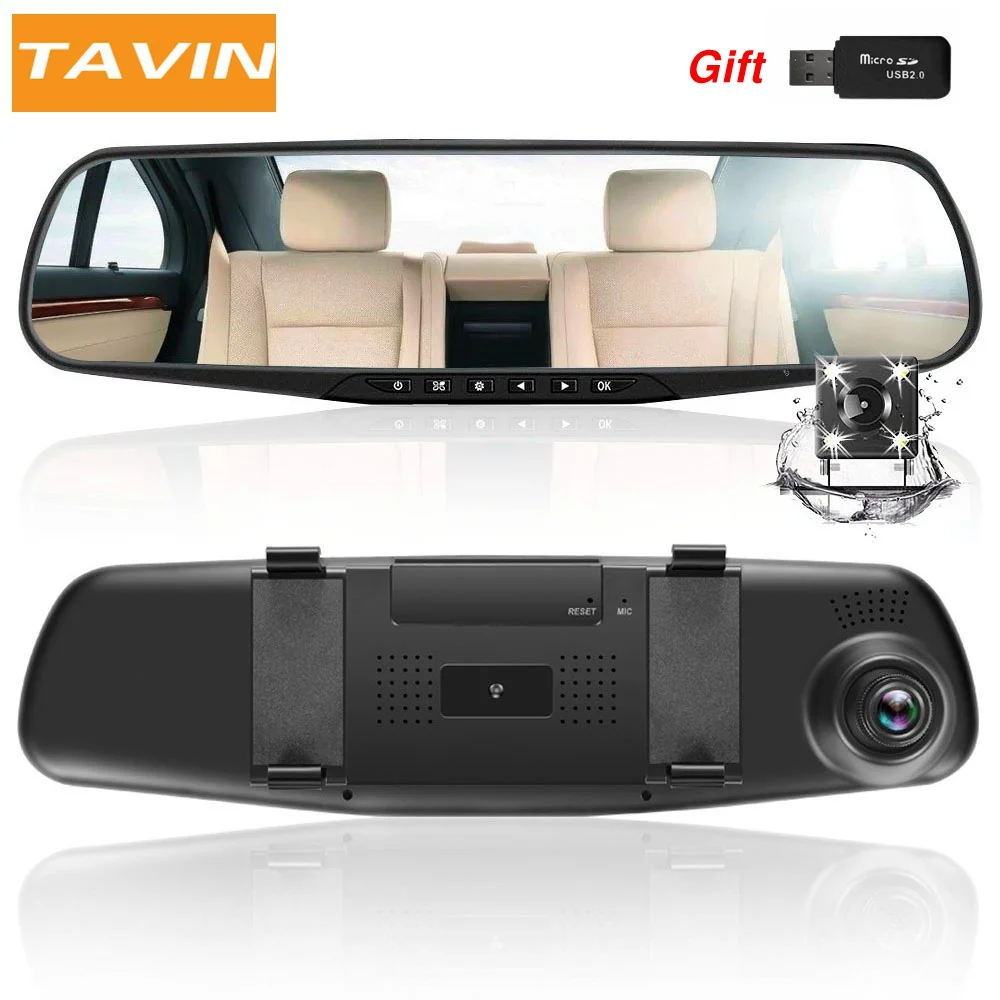 TAVIN Dual lens Car dvr white Mirror Dash cam Rearview car Camera Full hd 1080P video Recorder Night vision 4.3inch DVRs | Автомобили и