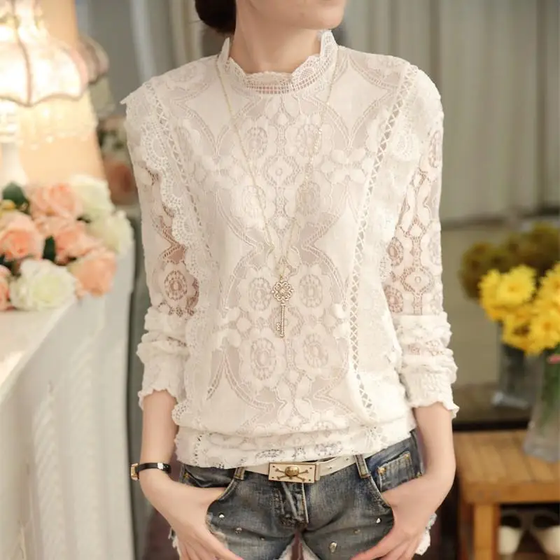 

MISSKY Women Summer Spring Blouse Solid White Color Standing Collar Lace Long Sleeve Standing Collar Chiffon Shirt For Female