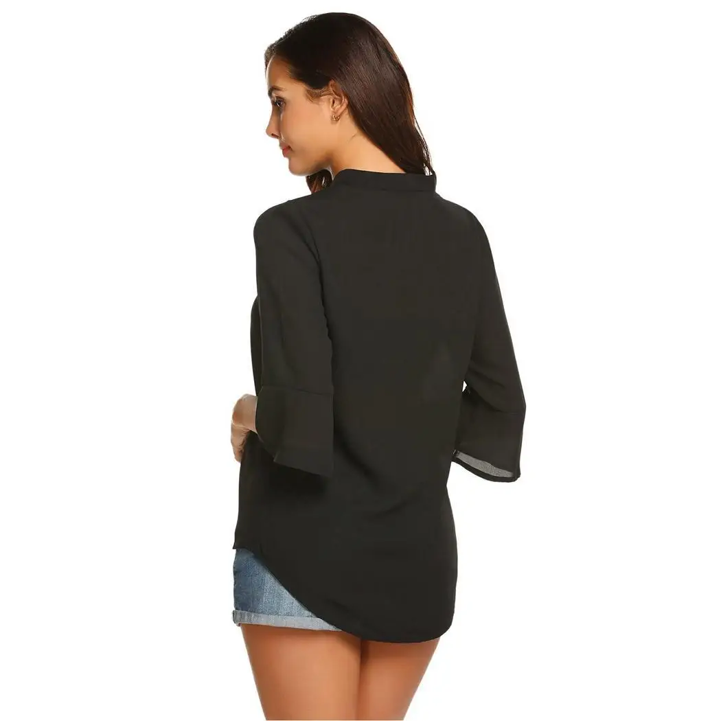 Women Casual Solid V Neck Flare Sleeve Loose Shirts Height 176cm Bust 88cm Waist 59cm Hip 90cm Chiffon Tops |