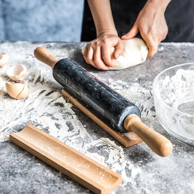 

Large Deluxe Natural Marble Stone Rolling Pin With Wood Handles