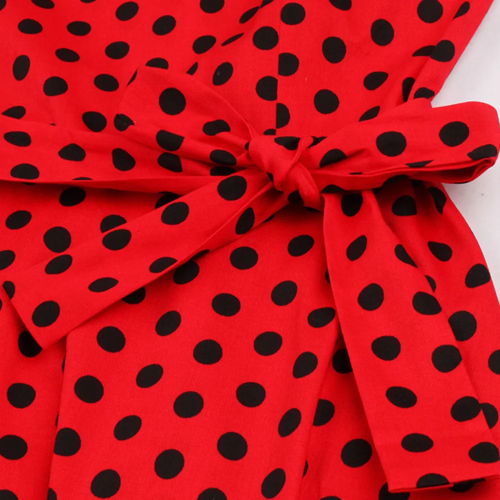 Женское винтажное платье с пышной юбкой красное из хлопка в горошек поясом а