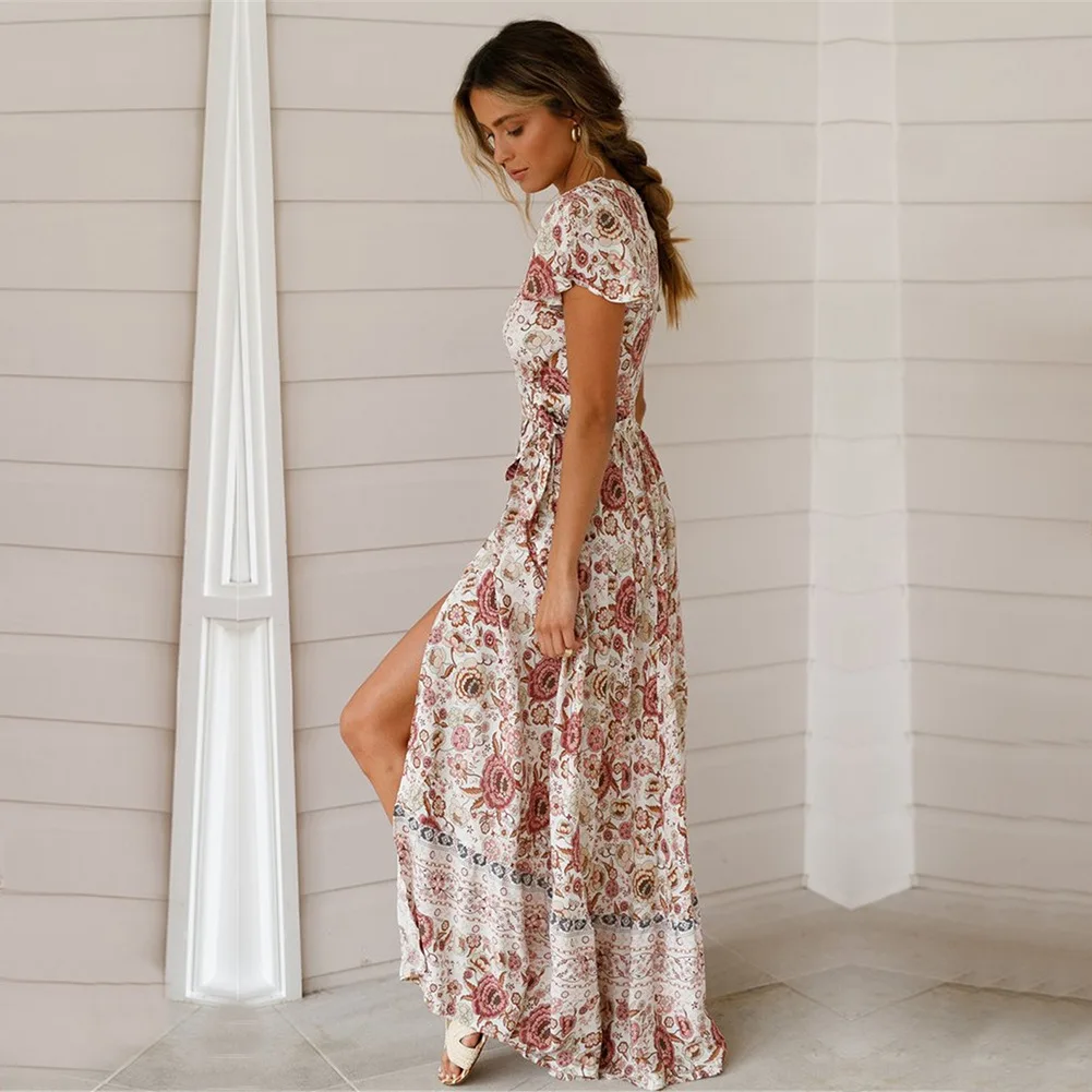 2019 Summer Dress Women Fashion Printing V-neck Short Sleeve Woman Bohemian A-Line Long Dresses Beach Sexy N57 | Женская одежда