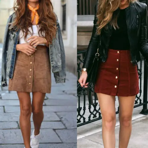 

Meihuida Women Suede Leather Mini Shirt Button Short kirts Pencil Skirt Jupe Femme