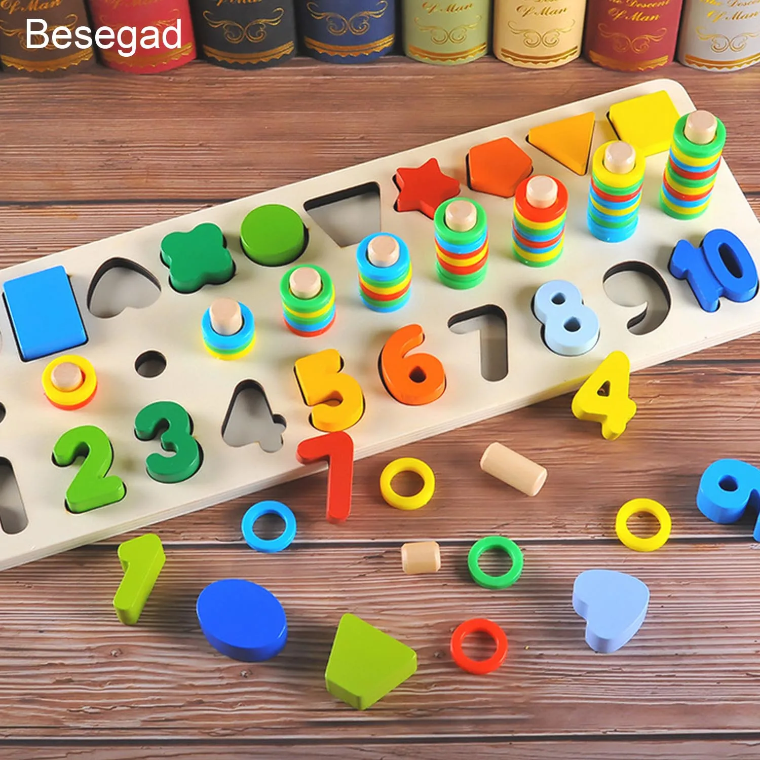 Besegad Kids Colored Wooden Geometric Number Shape Matching Sorting Board Puzzle Math Digital Counting Jigsaw Learning Toy | Игрушки и
