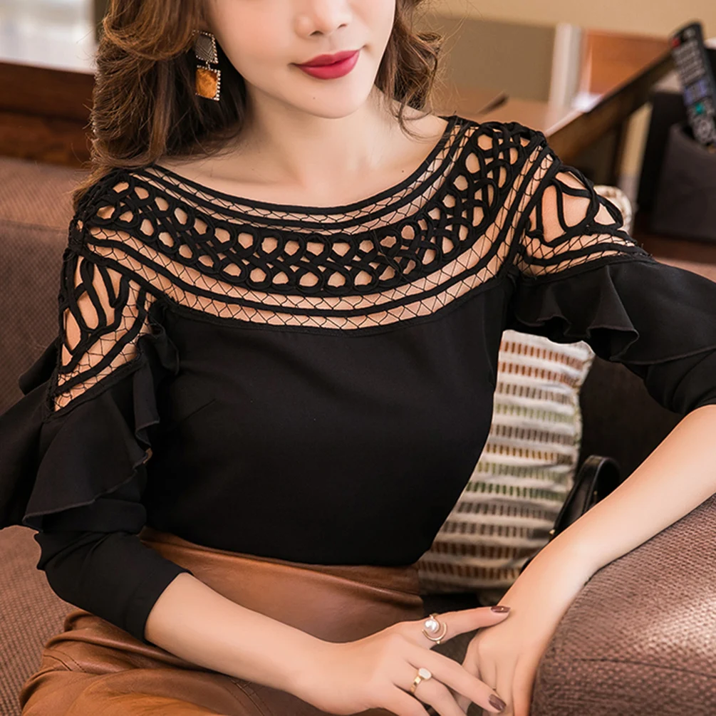 Vbiger Women Long Sleeve Ruffled Chiffon Shirt Sexy Lace Patchwork Top Trendy Hollow Out Blouse Black | Женская одежда
