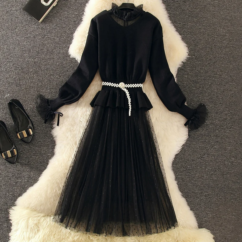 Two Piece Set Women Spring Autumn Dress 2020 Sweater Tops Korean Vintage Mesh black Elegant Ladies Dresses Vestidos MY2367 |