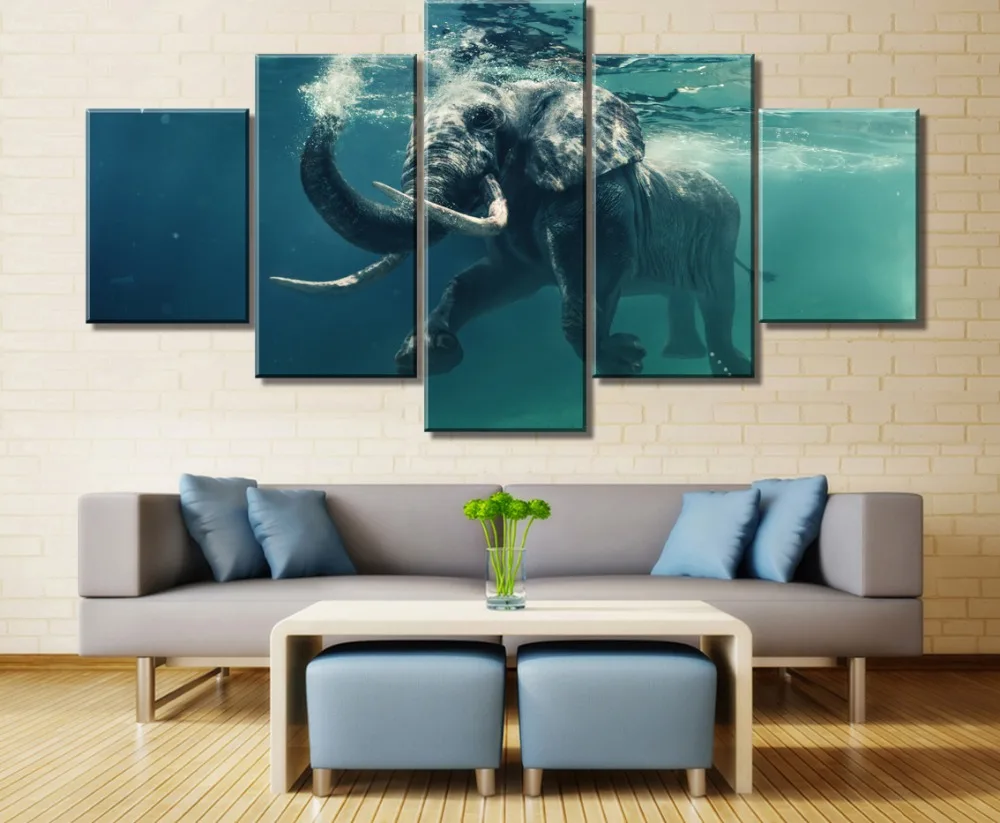 Framed 5 Piece HD Print Large Elephant Swimming Painting Canvas Wall Art Picture Home Decoration Living Room | Дом и сад