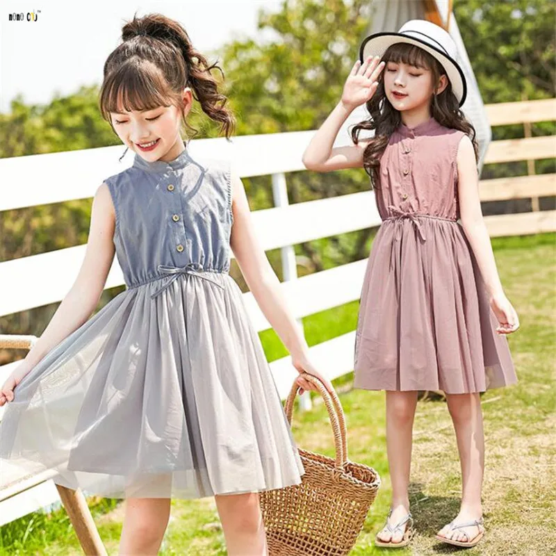 Teenager Girl Dress Summer Sleeveless Meash Spliced Princess Children Dresses For Kids Clothes 4 5 6 7 8 9 Years | Детская одежда и