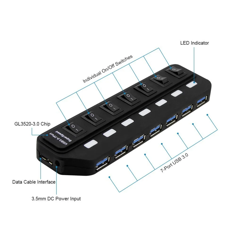 Usb хаб 3 0 сверхскоростной 7 портов Micro Multi USB3.0 сплиттер с внешним переключателем