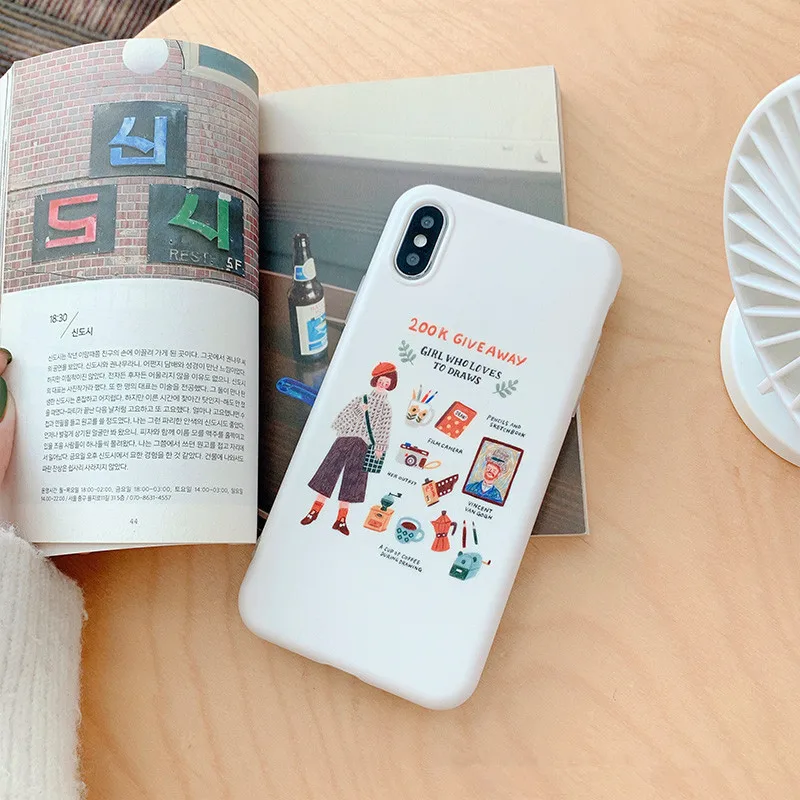 Cute White illustration Girl korean Phone Case For iPhone X XS XR Xsmax 7 Puls 6 6S 8 Cases Retro Soft Silicon Cover |