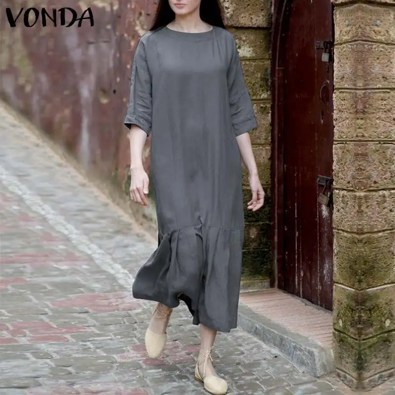 VONDA 2019 осень весна для женщин Винтаж Макси длинное платье повседневное Свободные