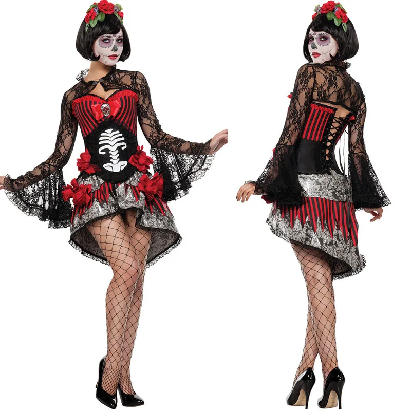 

Adult Women Day Of The Dead Halloween Purim Skeleton Costumes Skull Monster Demon Ghost Scary Fantasia Fancy Dress