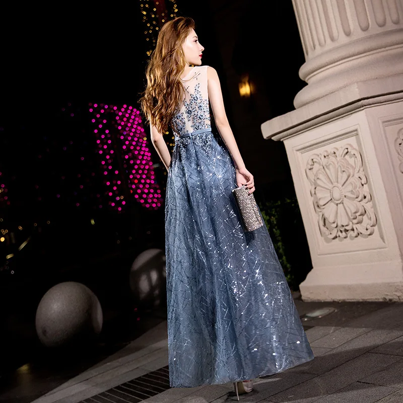

Fashion Sequined Women Long Party Dress Elegant Beading High Waist Sleeveless Women Blue Mesh Dress Summer Vintage Vestidos xxl