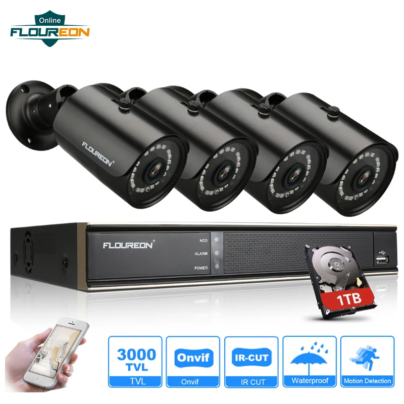 Floureon 8CH 1080 P AHD DVR + 4 шт. камера наружная 3000TVL 1 ТБ HDD CCTV ip система безопасности сетевое