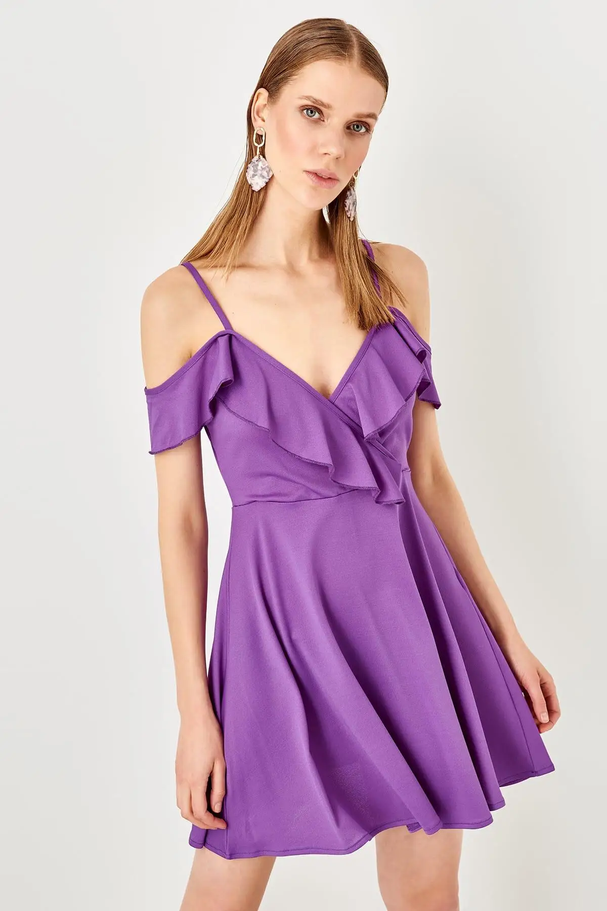 Trendyol фиолетовое трикотажное платье с оборками TWOSS19AD0069|Женские платья| |