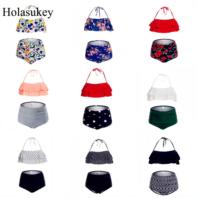 HolaSukey купальник с оборками принтом комплект однотонный бикини сексуальный топ