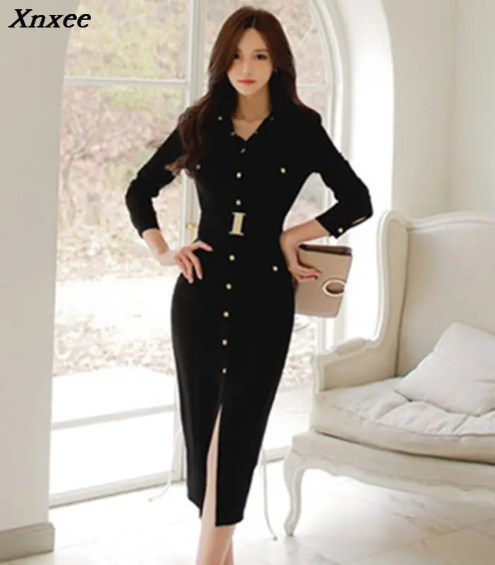 

Black Autumn Formal Pencil Xnxee Dress 2020 Business Women Single Breasted Turn Down Collar Long Sleeve Bodycon Dress With Belt