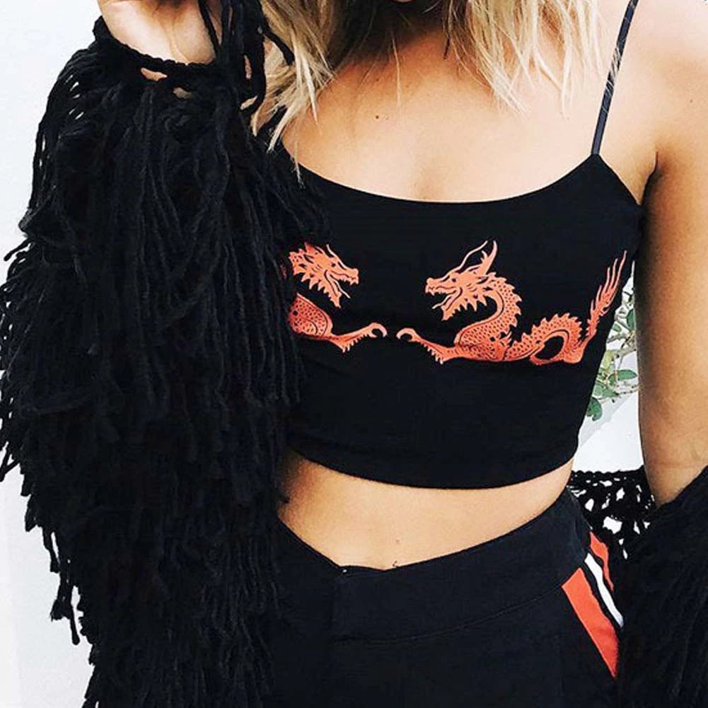 2019 Fashion Summer Women Casual Dragon Print Sleeveless Camisole Sexy Spaghetti Strap Backless Crop Top Chinese Style Street c | Женская