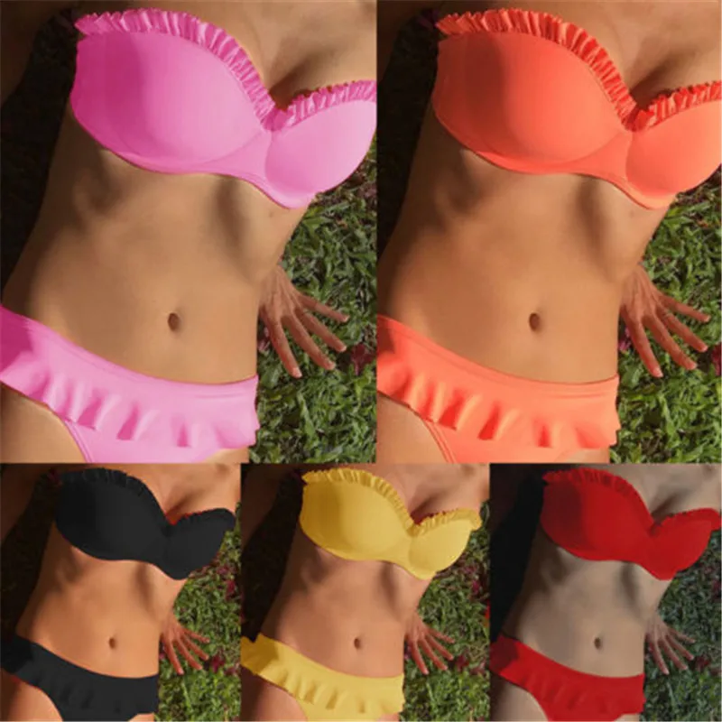 

Sexy Women Wrap Chest Summer Swimwear Padded Push-up Bikini Set Female Ruffles Solid Bathing Suit Swimsuit New 2019 Beachwear