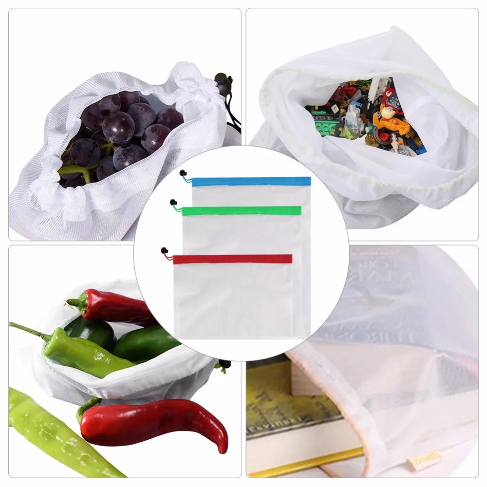 

10 шт или 15 шт многоразовые сетчатые сумки для хранения продуктов для покупок фруктов овощей игрушки для хранения сетки производим сумки 3 ви...