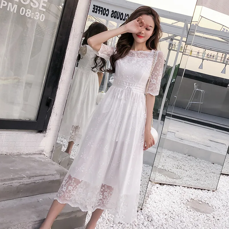 Женское платье в стиле ретро с коротким рукавом однотонное кружевное
